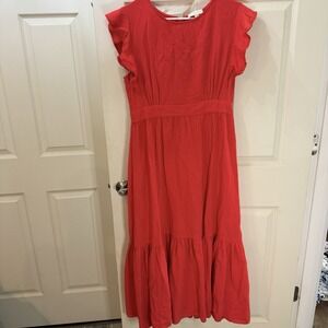 Cynthia Rowley Linen Blend Maxi Dress Sz L Tiered Ruffle‎ Resortwear Travel Vaca